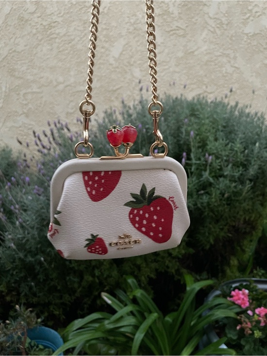 Coach Handbags - Coach Cream Mini Frame Bag with Red Strawberry Print and Gold Chain